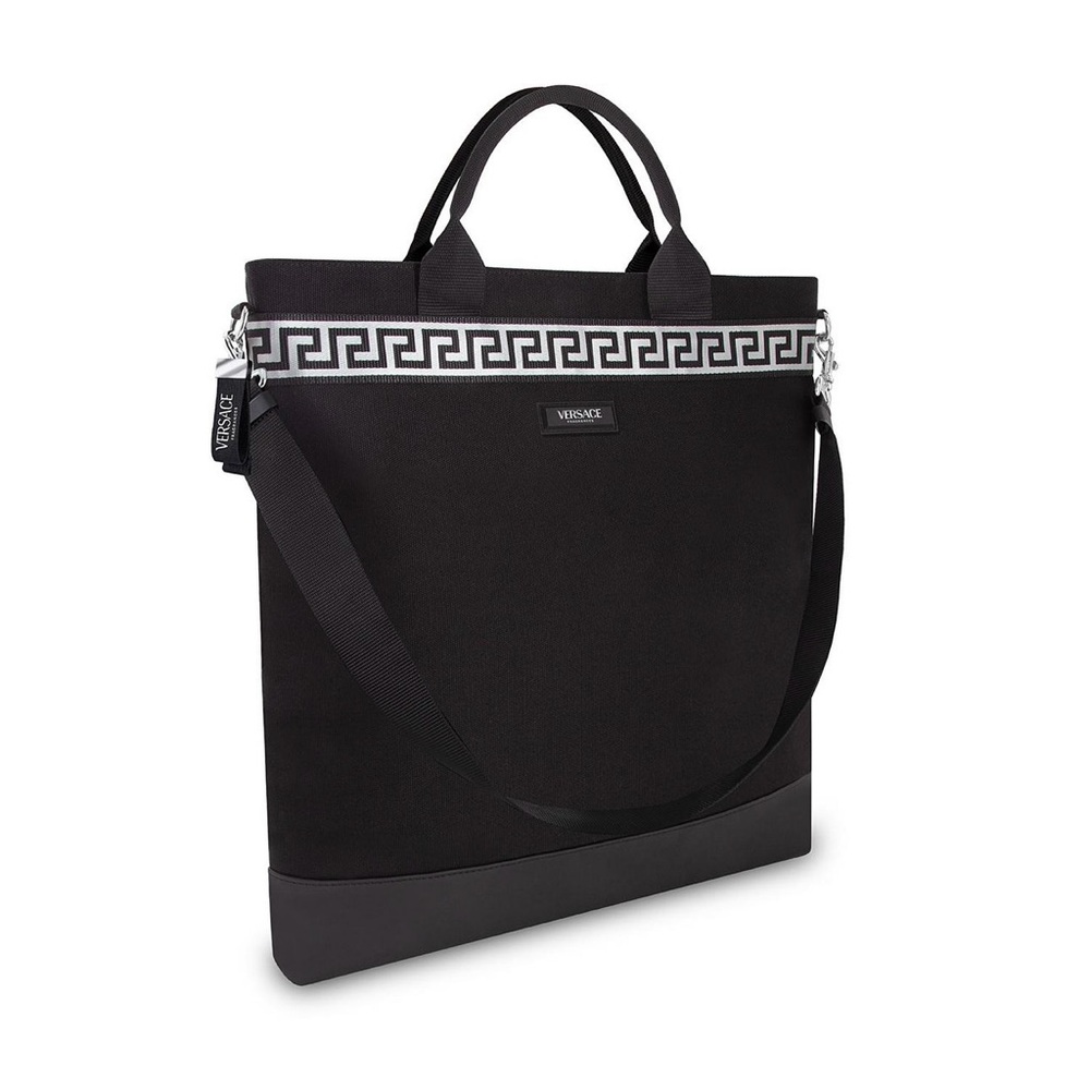 Versace Black Canvas Tote with Greek Key Trim